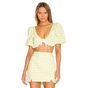 FOR LOVE & LEMONS Maureen Set Top And Skirt Green Gingham M Medium
